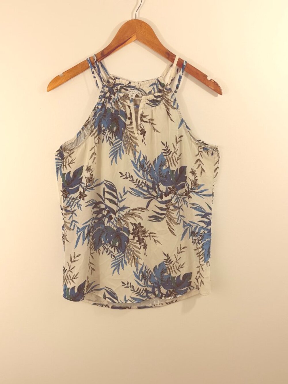 41 Hawthorn Floral Tropical High Halter Neck Keyhole Cami Tank Top Cream Blue S